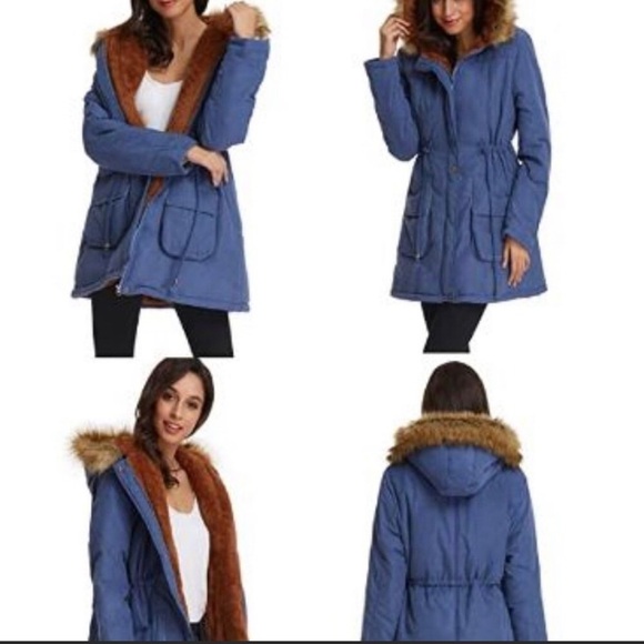 Nwt Grace Karin Blue Zip Front Parka Faux Fur Hooded Puffy Winter Coat - Size Xl - Picture 8 of 8